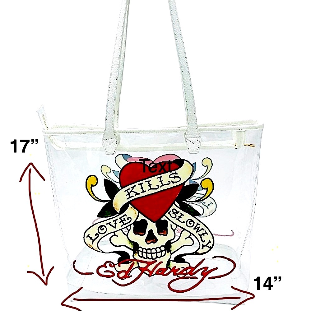 NWT Ed Hardy BIG clear stadium bag PVC Zip tote Leather Trim ~ Love Kills Slowly - Picture 3 of 16